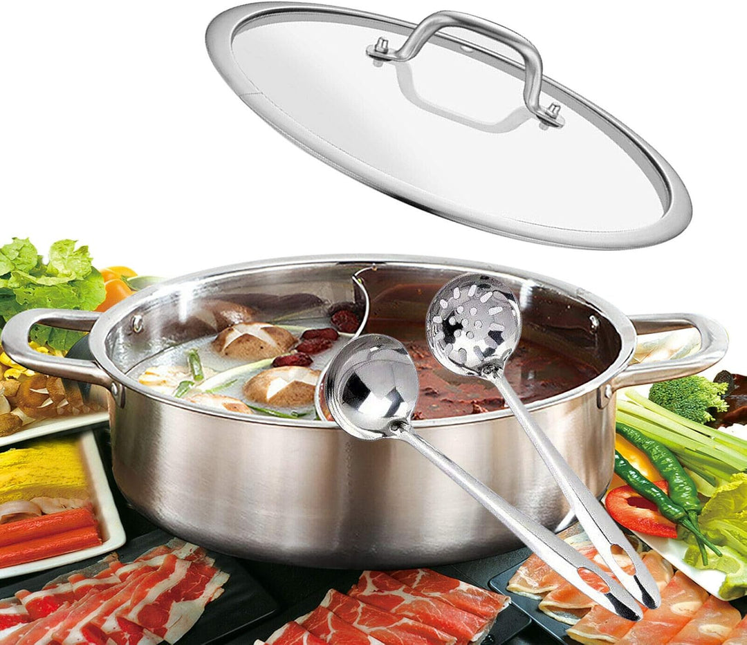 Hot Pot, 28cm/32cm Doppelte Trennung Shabu Shabu Edelstahl Glasdeckel Feuertopf mit 2 Kammern Mandar