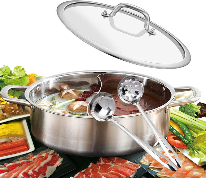 Hot Pot, 28cm/32cm Doppelte Trennung Shabu Shabu Edelstahl Glasdeckel Feuertopf mit 2 Kammern Mandar