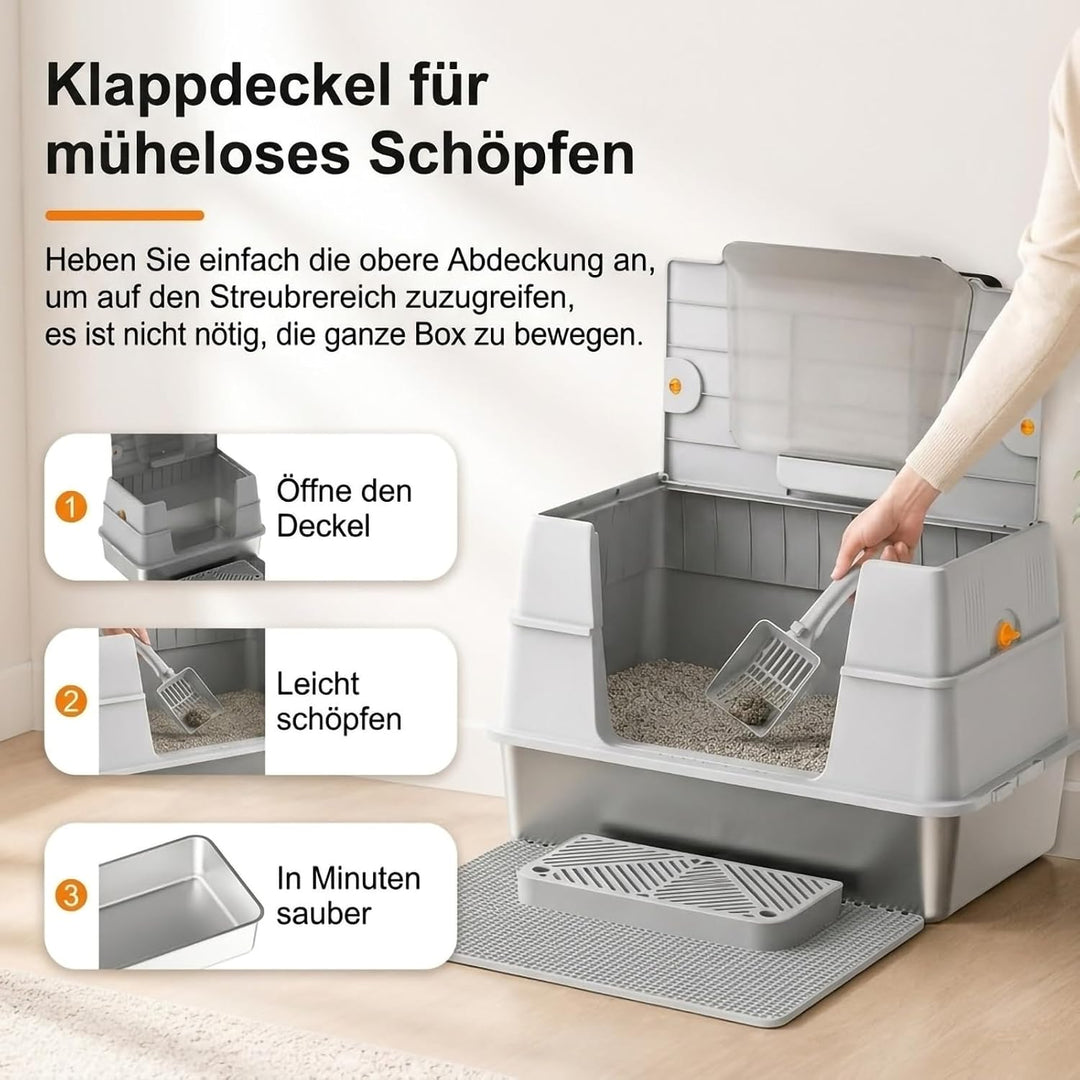 Geschlossene Katzentoilette aus Edelstahl mit Deckel, seitlicher Einstieg aus Metall für grosse Katz