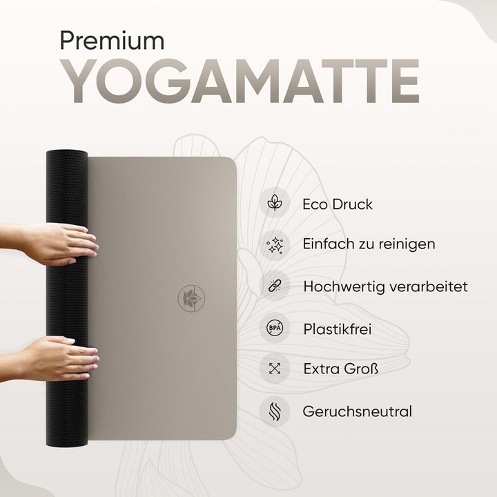 Premium Yoga-Matte STUDIO 185 x 68 x 0,4cm (extra gross) inkl. Gurt aus ECO PU &amp; Naturkautschuk - An