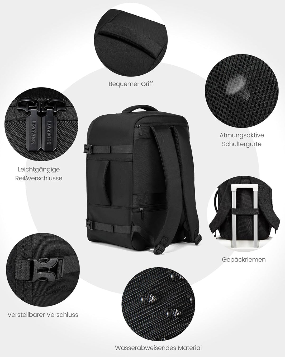 LOVEVOOK Handgepäck Rucksack Flugzeug, 15,6 Zoll Reiserucksack Herren Damen Kofferrucksack mit Lapto