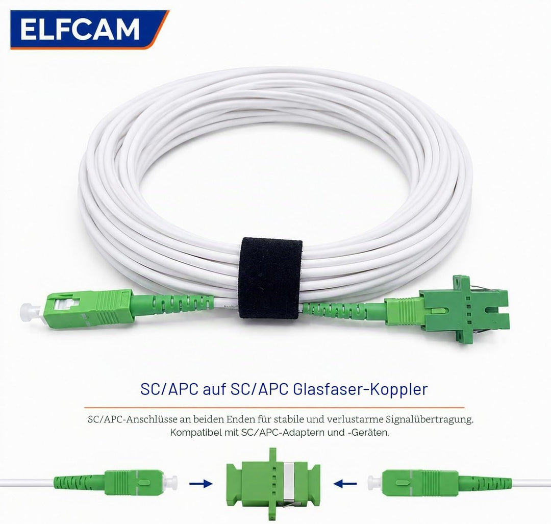 Elfcam® - 15m Glasfaserkabel SC/APC auf SC/APC Simplex Singlemode, Lieferung mit LWL Adapter, LWL ka
