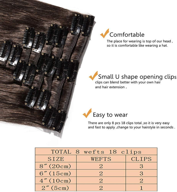 SEGO Extensions Clip in Echthaar 8 Pcs Remy Haarverlängerung Natürliche Haarteil glatt 100% Menschli