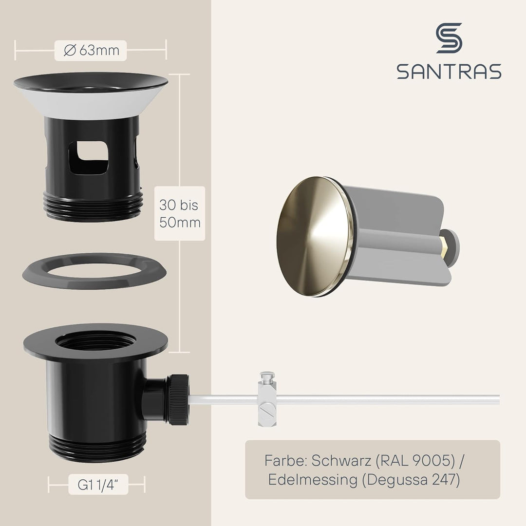 SANTRAS® Exzenter Ablaufgarnitur Premium für Waschtisch mit Schutz vor Überlauf in Schwarz/Gold – Ko