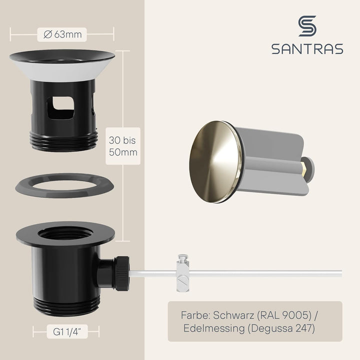 SANTRAS® Exzenter Ablaufgarnitur Premium für Waschtisch mit Schutz vor Überlauf in Schwarz/Gold – Ko