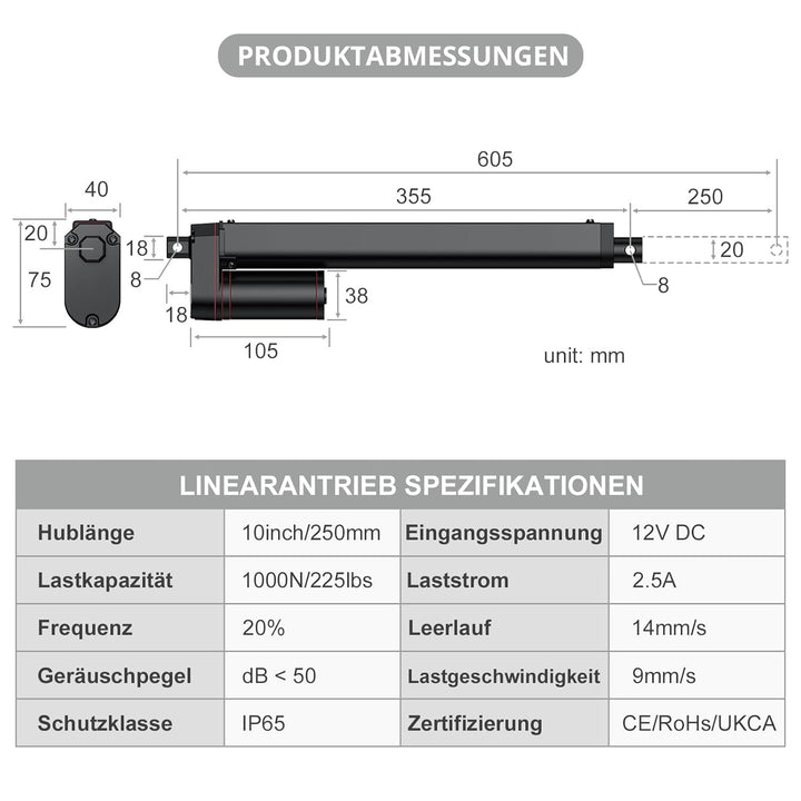Justech Linear Actuator 250mm Hub max Linearantrieb 1000N Linearantrieb 14mm/s Motor Lineartechnik A