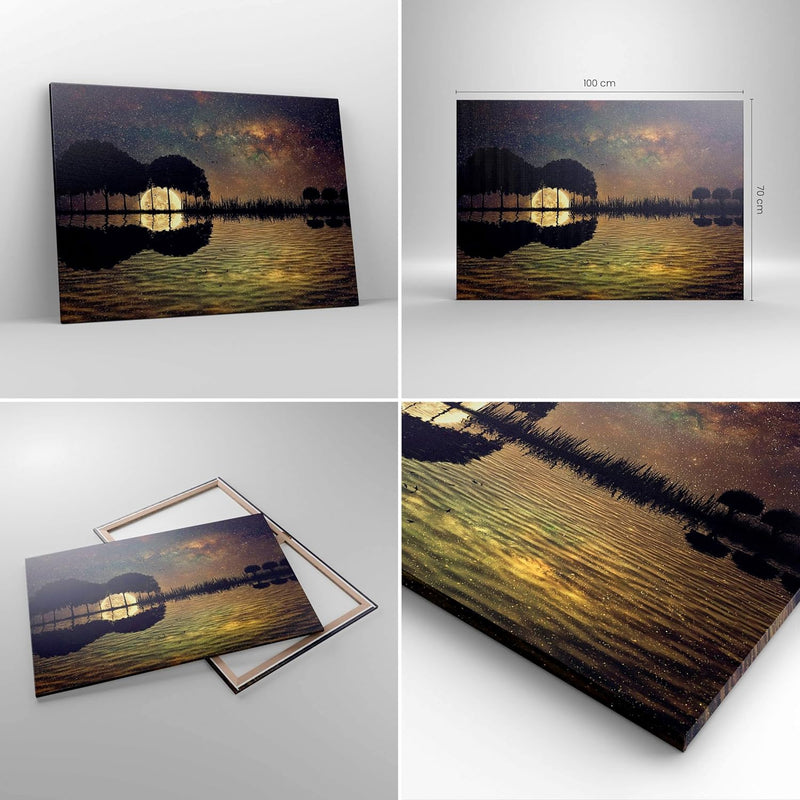 Bilder auf Leinwand 100x70cm Leinwandbild mit Rahmen See Nacht Wasser Gross Wanddeko Bild Schlafzimm