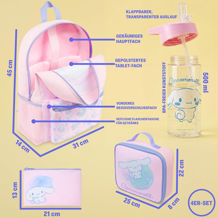 Get Trend Hello Kitty Cinnamoroll Rucksack Kinder 4 TLG. Kinderrucksack, Trinkflasche 500ml, Federmä