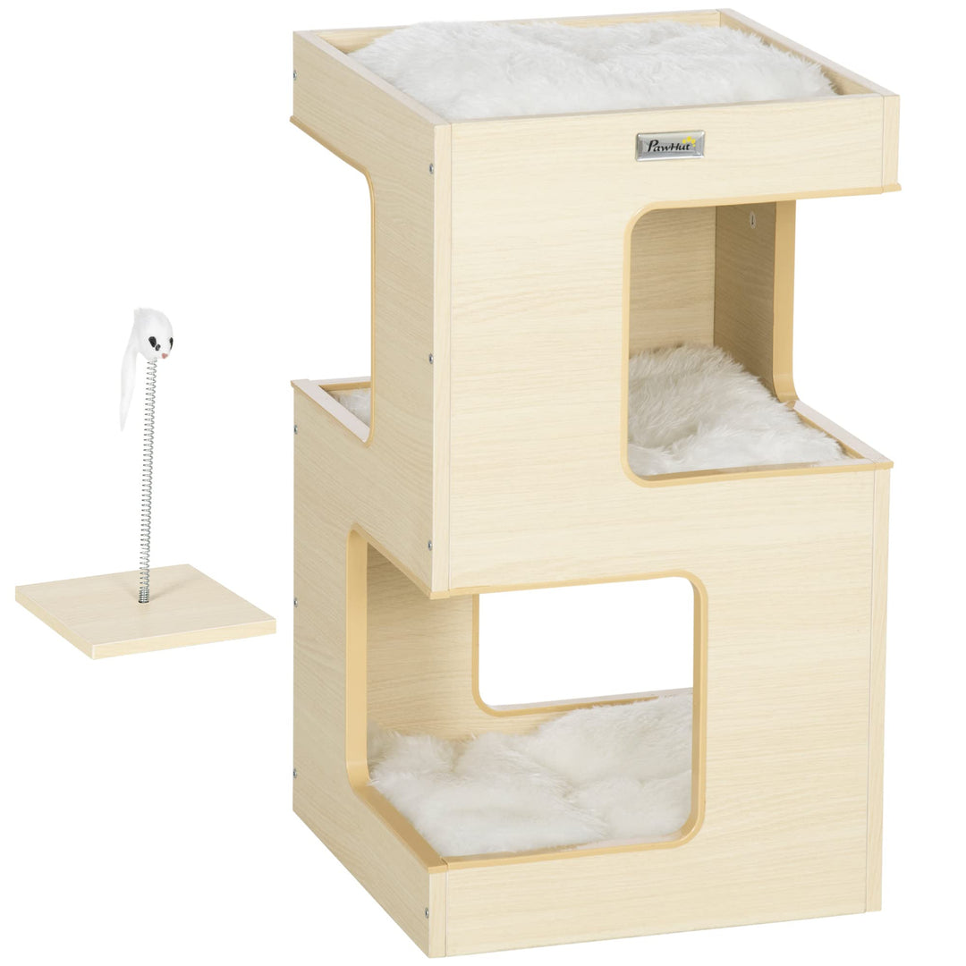 PawHut Katzenhöhle Katzenbett 3-stufiges Katzenhaus mit Kissen, Katzenzelt Haustierhaus Eiche 34 x 3