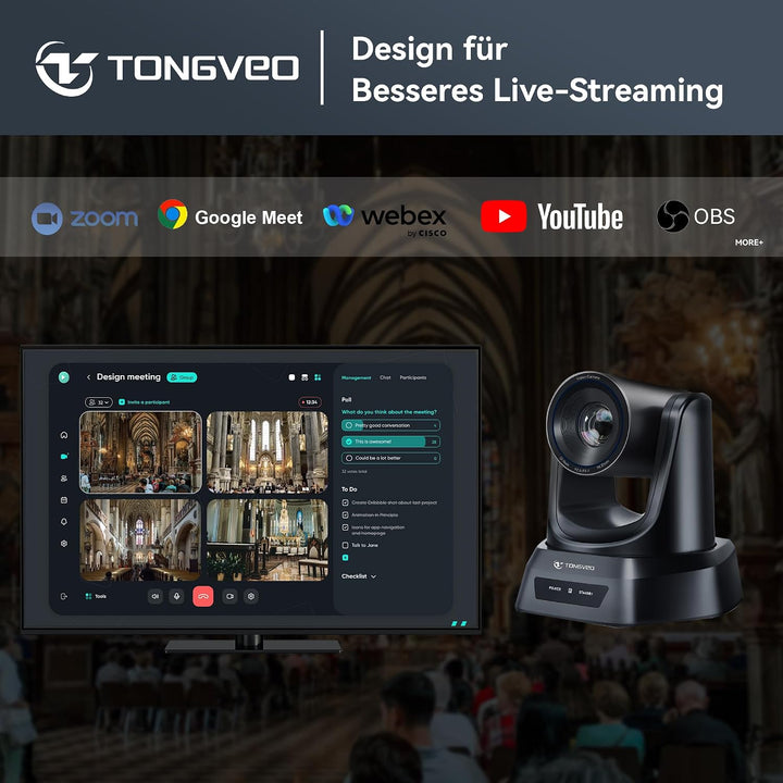 TONGVEO Kabelloses KI PTZ Kamerasystem mit Auto-Tracking &amp; Empfänger, Bluetooth Konferenzlautspreche