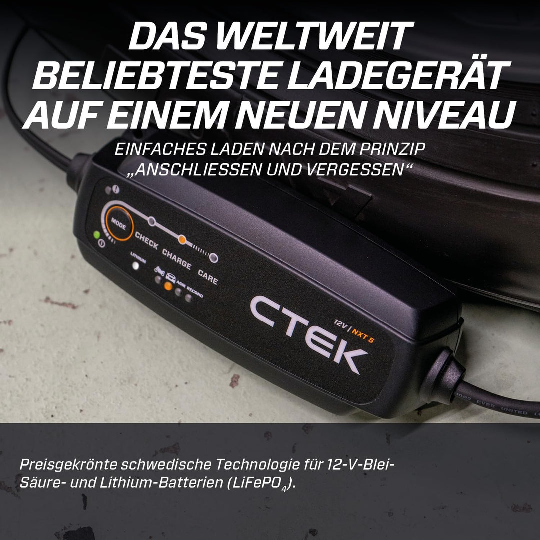 CTEK NXT 5 Smart-Batterieladegerät 12 V, 5 A, kompatibel mit Blei-Säure- und Lithium-Batterien, Reko