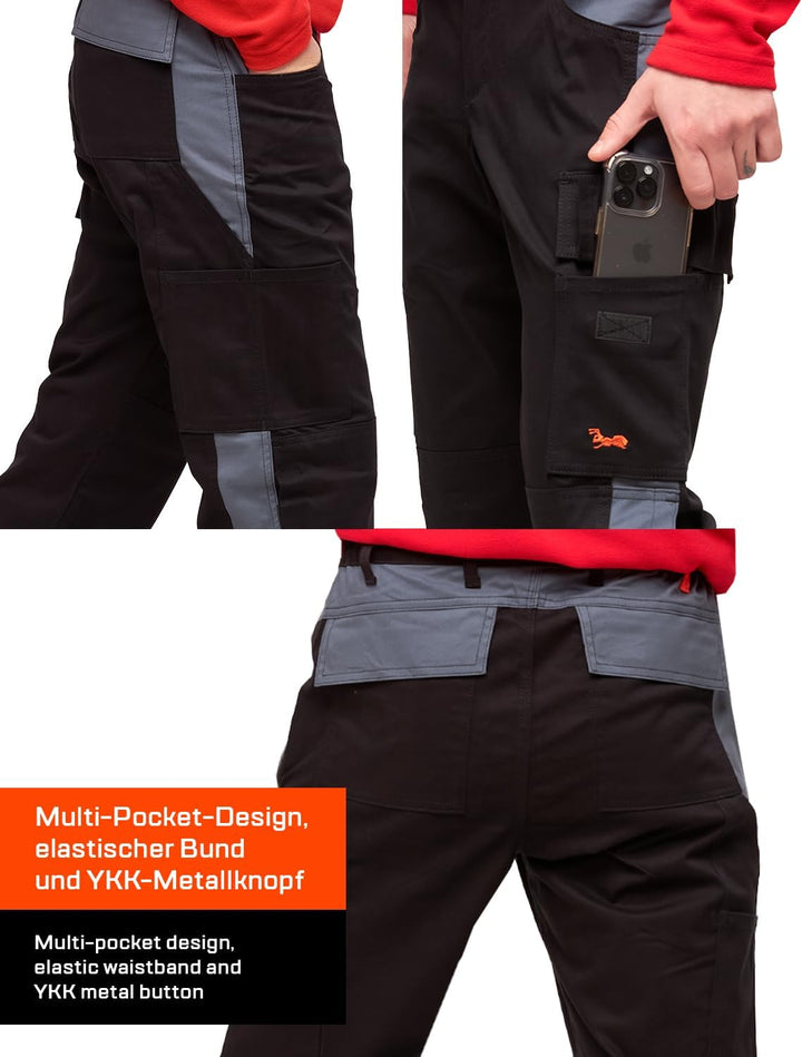 strongAnt Arbeitshose komplett Stretch Männer Berlin Pro Bundhose Schwarz Weiss Grau, 42 Schwarz-gra