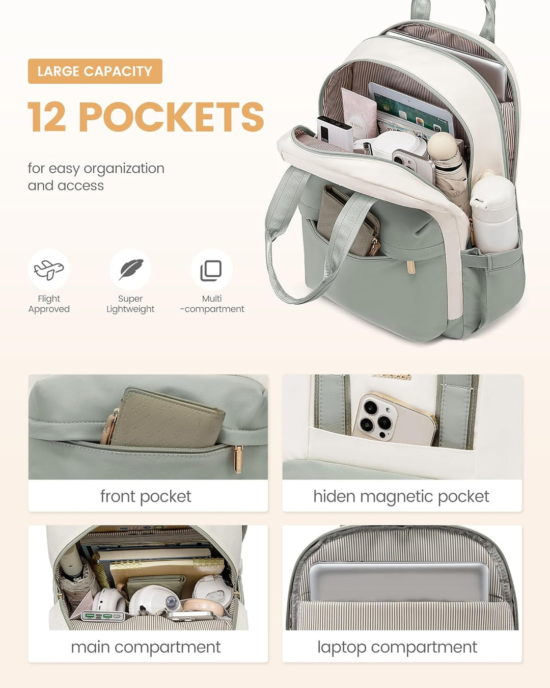 LOVEVOOK Rucksack Damen, 15,6 Zoll Laptop Schulrucksack Mädchen mit Laptopfach, Wasserdicht Tagesruc