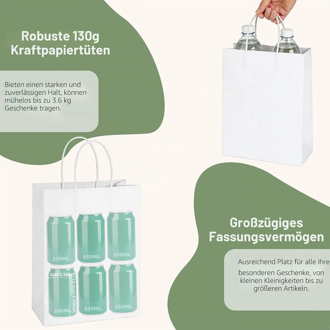 Weifeng 50 Stück Papiertüten Gross 21x11x27cm,Kraftpapiertüten mit Henkel, White Geschenktüten Papie