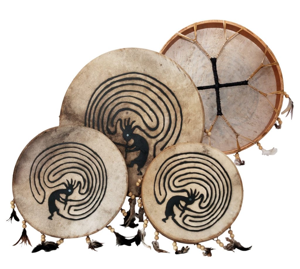 Schamanentrommel Bemalt Ø 30 cm Rund Indianer Federn Shaman Drum Goat Skin inkl. Stick