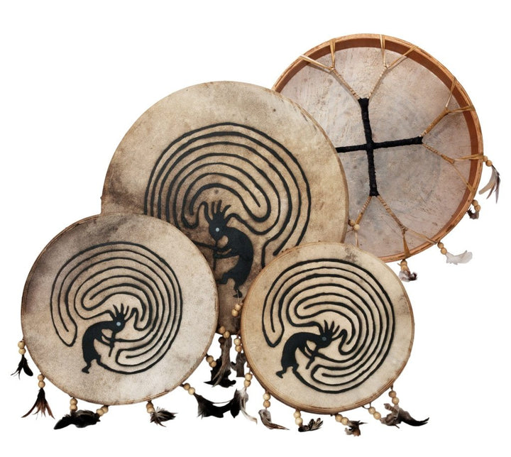 Schamanentrommel Bemalt Ø 30 cm Rund Indianer Federn Shaman Drum Goat Skin inkl. Stick