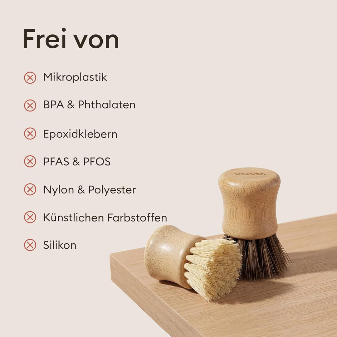 Vove Küchen-Reinigungsset – Bambus-Spülbürste mit Ersatzkopf, 2 Scheuerbürsten & 2 Scheuerschwämme –