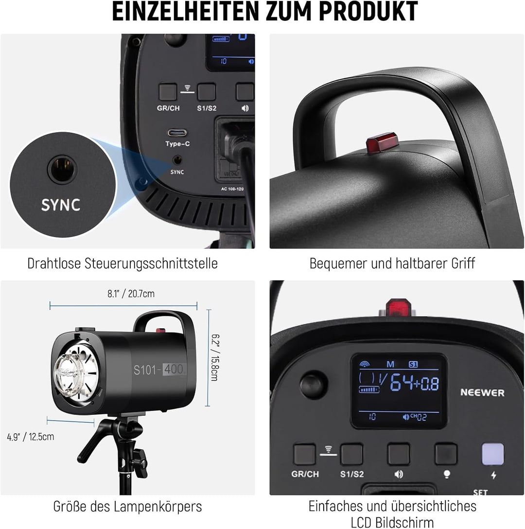 NEEWER 800Ws Studio Monolight Strobe Flash Set: 2er Pack S101-400W PRO 5600K Blitzlicht Studio mit 2