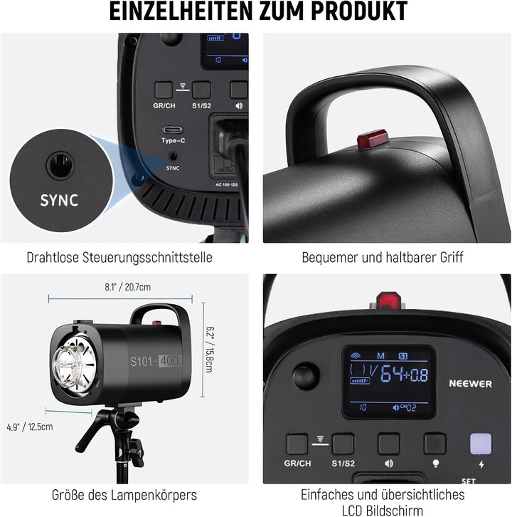 NEEWER 800Ws Studio Monolight Strobe Flash Set: 2er Pack S101-400W PRO 5600K Blitzlicht Studio mit 2