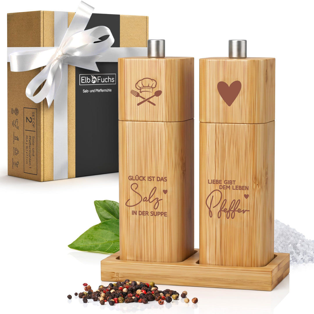 ELBFUCHS® Salz und Pfeffermühle Holz Gross [NEU] Liebevolles 2-er Set Pfeffer und Salzmühle mit Kera