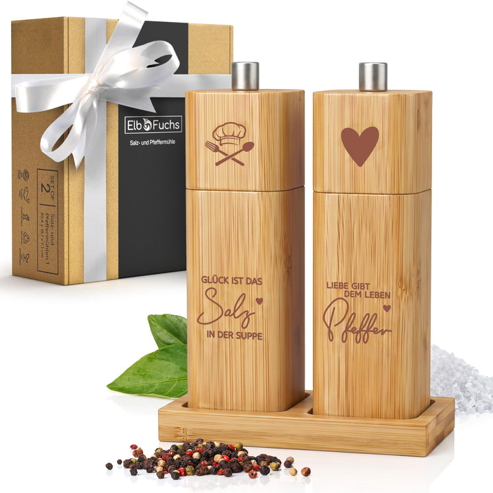 ELBFUCHS® Salz und Pfeffermühle Holz Gross [NEU] Liebevolles 2-er Set Pfeffer und Salzmühle mit Kera