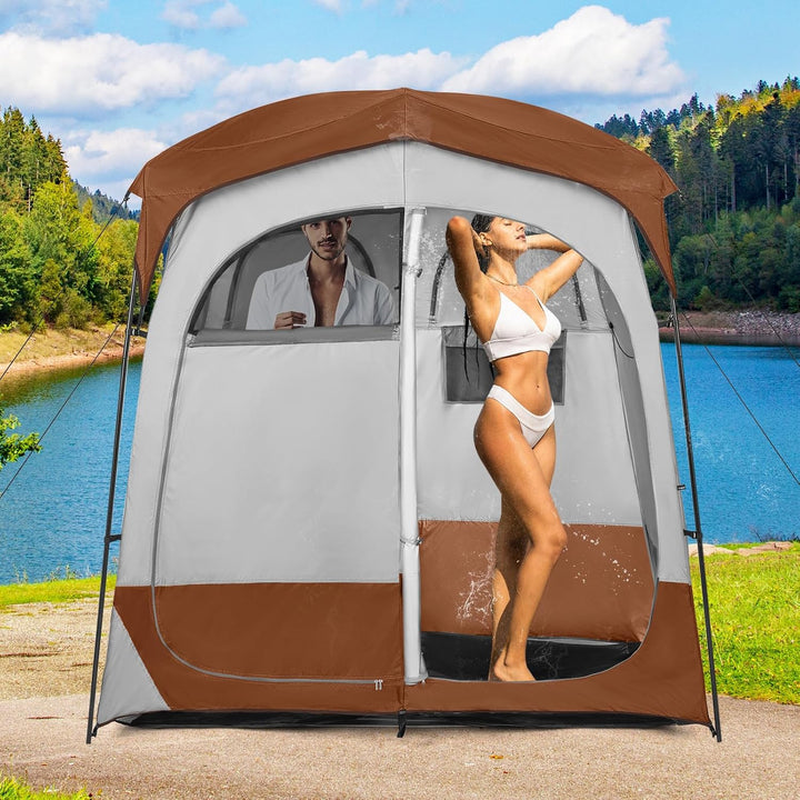 COSTWAY Duschzelt mit 2 Räumen, Umkleidezelt mit abnehmbarem Regenschutz, Innentasche, Wäscheleine &amp;
