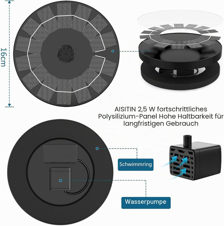 AISITIN Solar Springbrunnen Upgrade, 2,5W 160mm Solarbrunnen Solar Teichpumpe Outdoor Wasserpumpe So