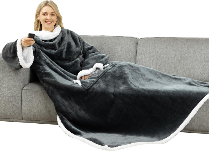 Winthome Kuscheldecke mit Ärmeln Dick, Wolldecke Warm Winter, Sherpa Decke mit Tasche, Fleecedecke W
