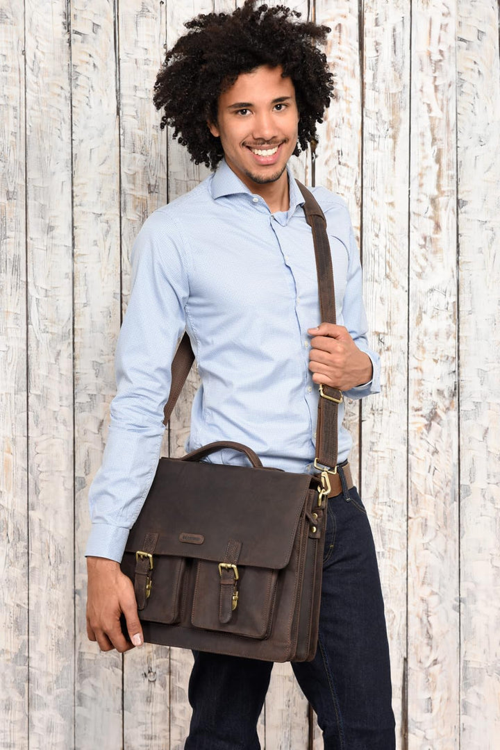 LEABAGS Leder Aktentasche Herren &amp; Damen I Echtleder Laptoptasche bis 15 Zoll I Umhängetasche mit Sc