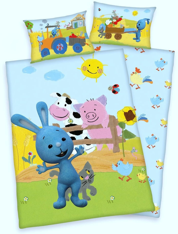 Arle-Living 2 TLG. Baby Bettwäsche Set mit Wende Motiv: Kikaninchen Bauernhof - Renforcé 100x135 cm