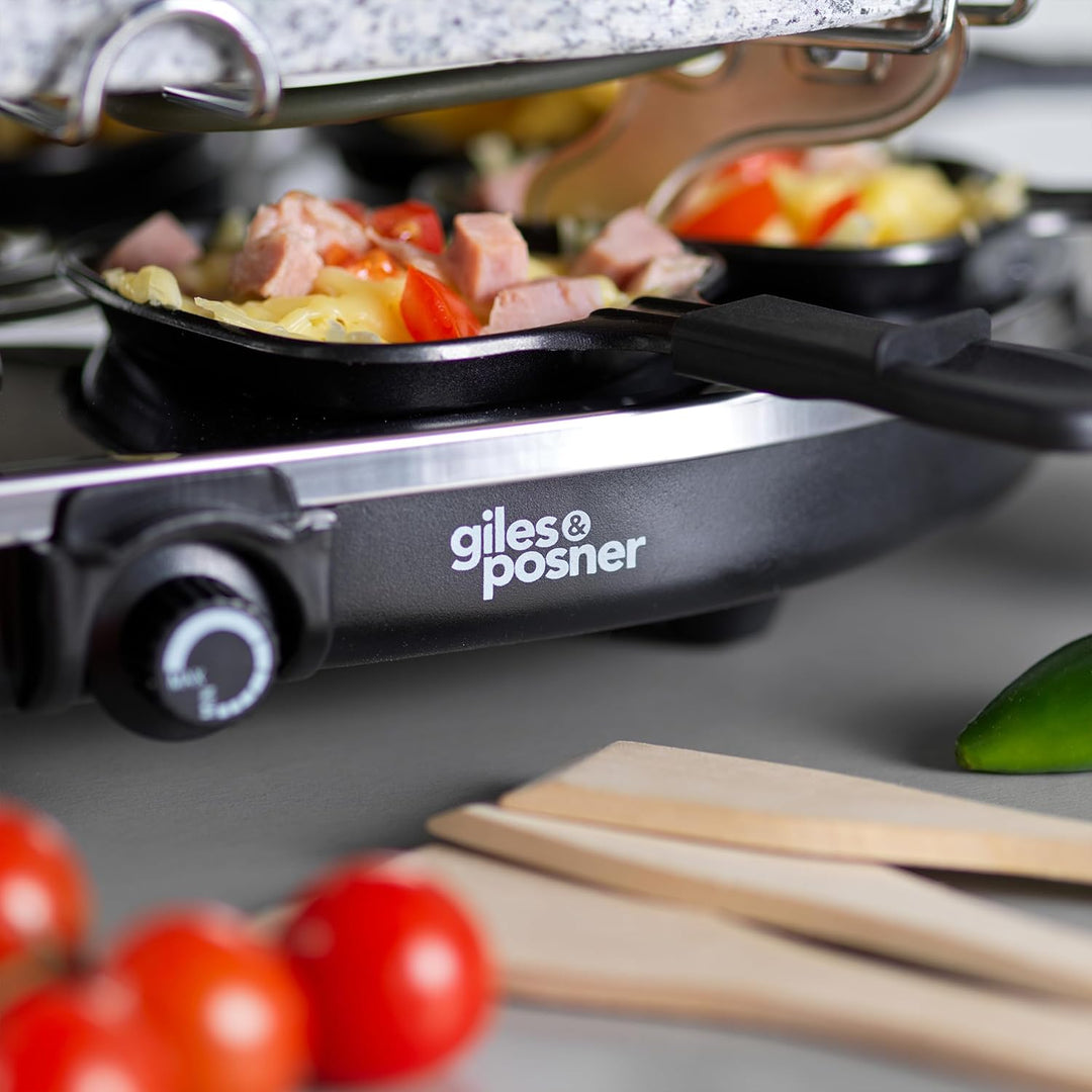 Giles & Posner 8-tlg. Tisch-Raclette-Grill – 1200W Steinplatte, 8 antihaftbeschichtete Pfännchen, 8