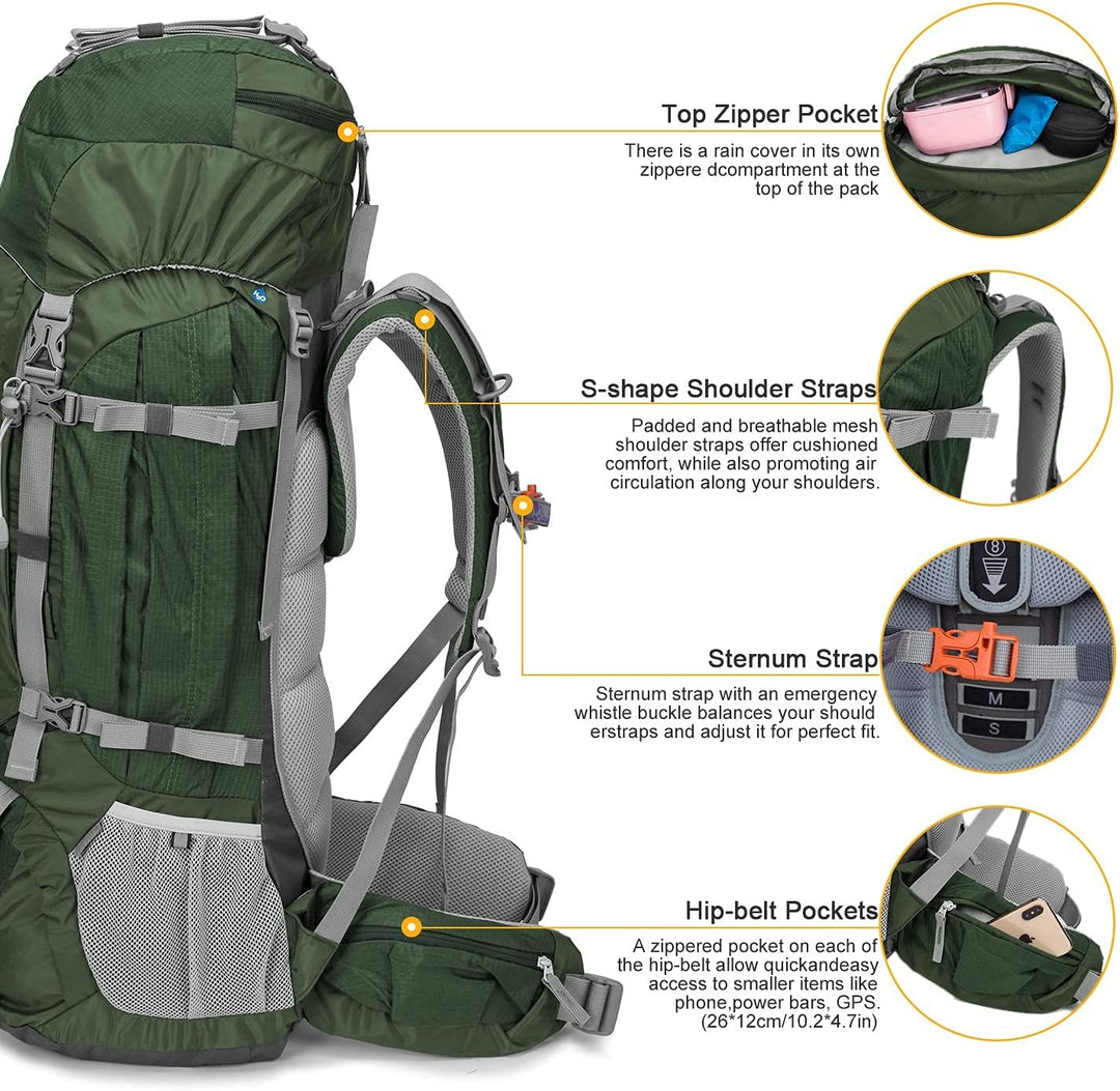 MOUNTAINTOP Trekkingrucksack 80L Wanderrucksack Herren Damen Reiserucksack Grosser Rucksack mit Rege