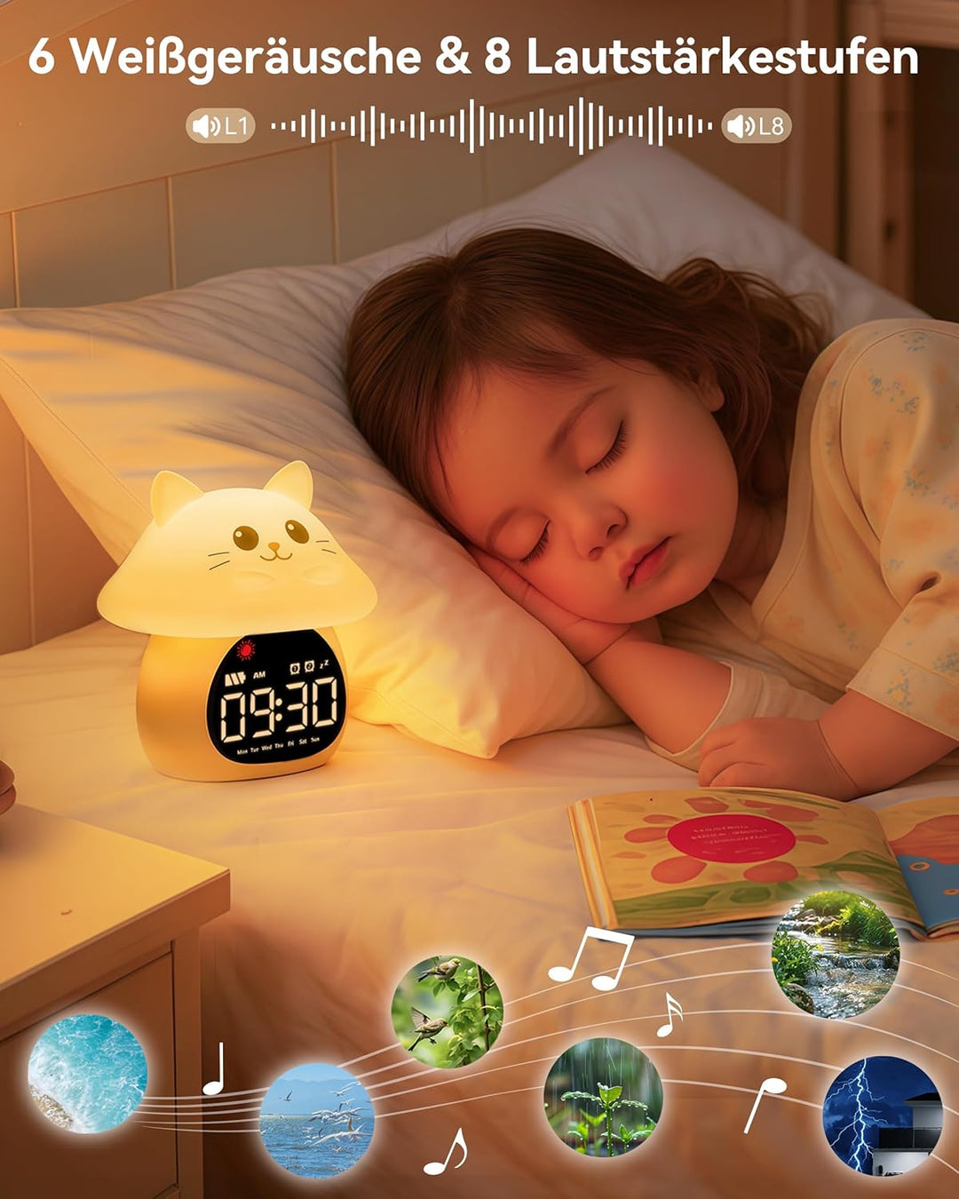 Yiliaw Kinder Schlaflern-Wecker mit Nachtlicht, Ok to Wake Uhr, Doppelalarm, RGB Farben, 6 Wecktöne