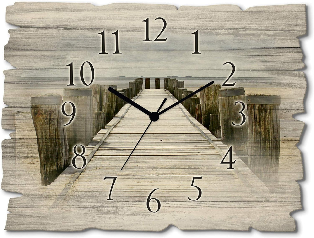 ARTLAND Wanduhr ohne Tickgeräusche aus Holz Quarzuhr 40x30 cm Rechteckig Lautlos Strand Meer Steg Wa