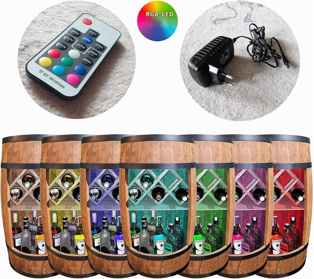 CREATIVE COOPER Fass bar mit Weinhalter - Weinregal LED RGB - Holzfass Hausbar 80x50cm - Rustikaler