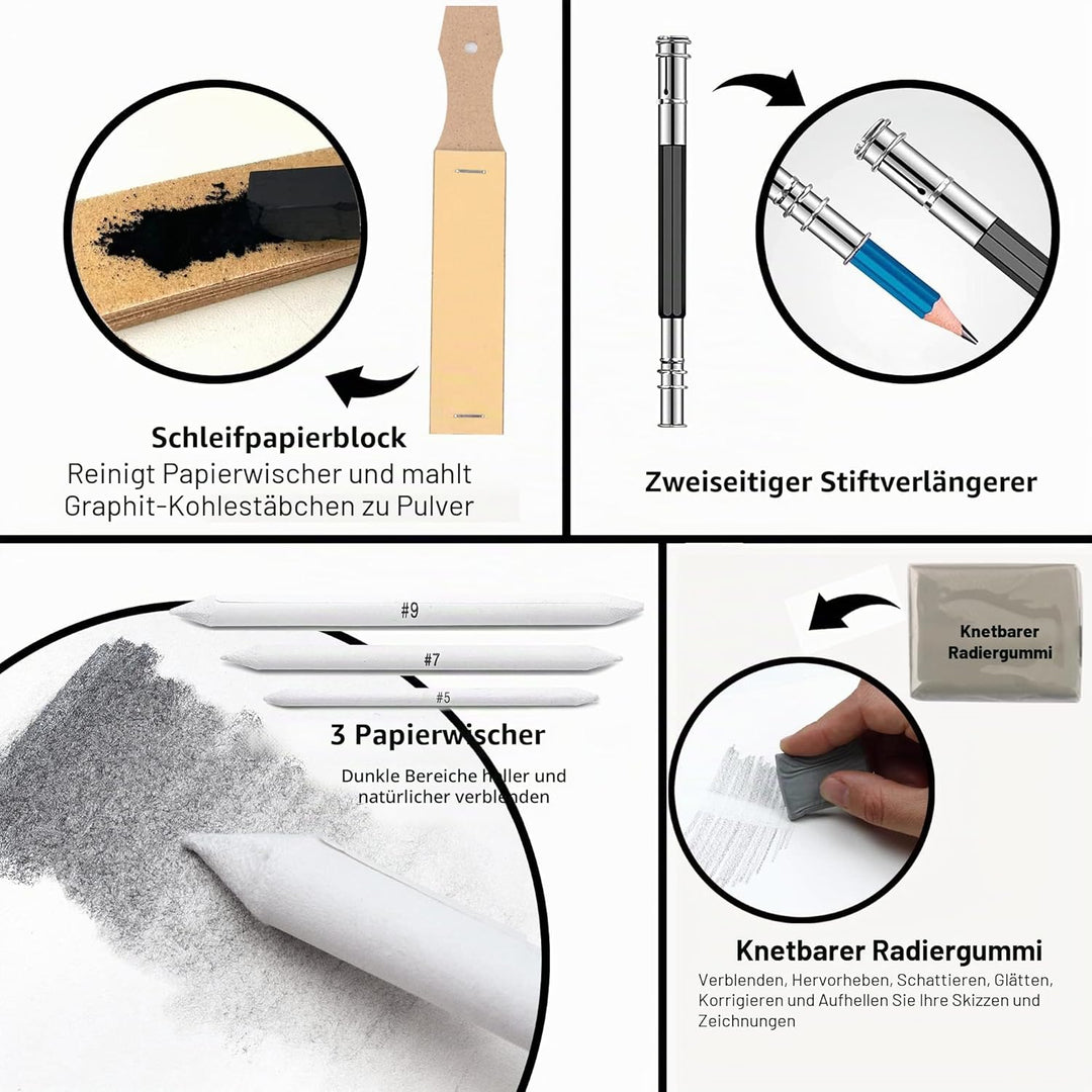 KALOUR ZeichenKit, 34teilig, Zeichnungs und Zeichenstift, in Tragetasche mit Reissverschluss, Kunstb