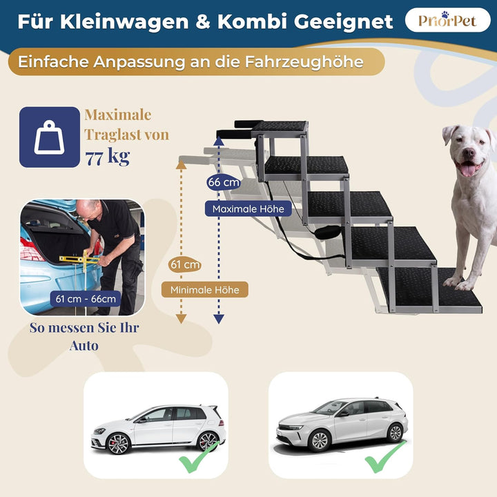 Hundetreppe Auto Klappbar – 4, 5 oder 6 Stufen für niedrige bis hohe Kofferraumhöhen (63–81 cm) – Fü