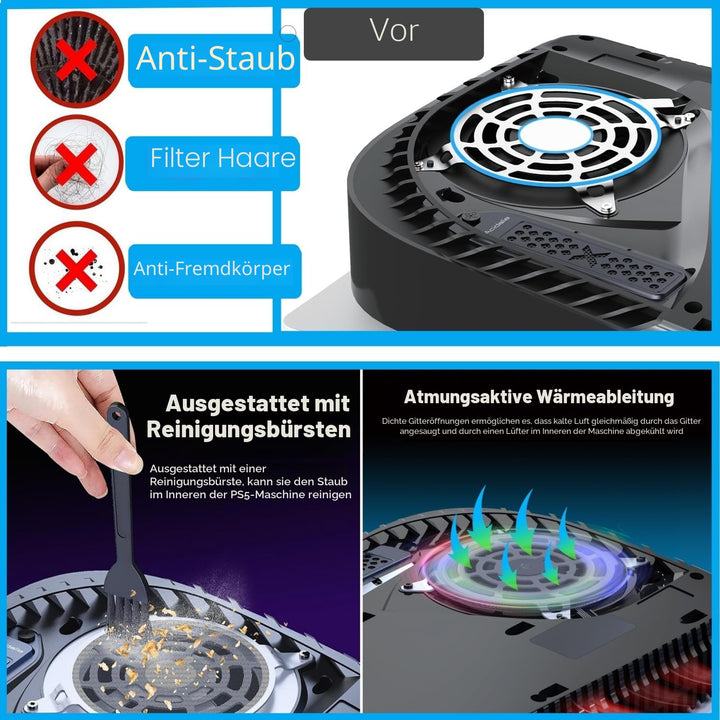 PS5 Staubschutz und Kühlung Kit, Premium Mesh Filtersystem mit Port Plugs, High Density Breathable D