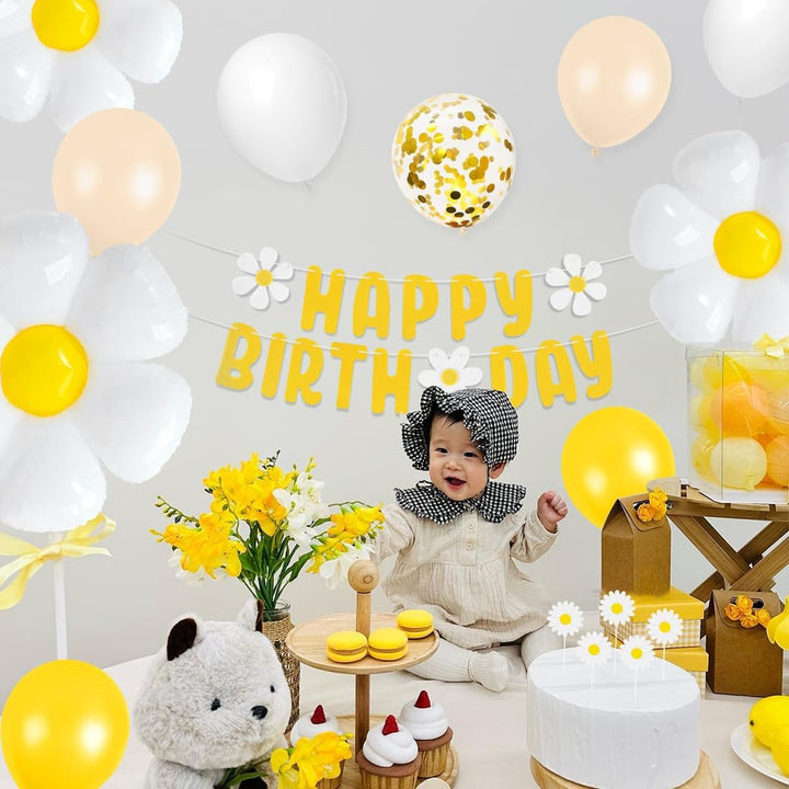 Gänseblümchen Geburtstag Luftballons Set, XXL Gänseblümchen Folienballons mit Happy Birthday Girland