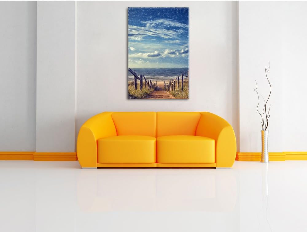 Pixxprint Weg zum Strand am Meer Kunst Buntstift Effekt, Format: 100x70 auf Leinwand, 100x70