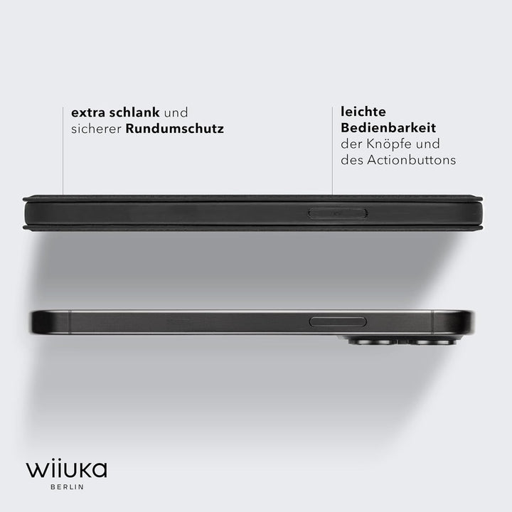 WIIUKA Hülle für iPhone 15 Pro, Leder aus Deutschland, mit Kartenfach, extra Dünn, Handyhülle mit St