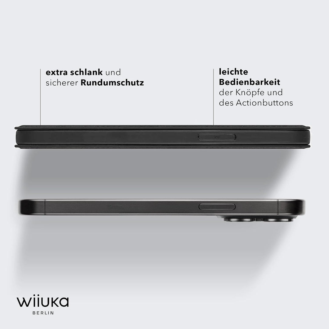 WIIUKA Hülle für iPhone 15 Pro, Leder aus Deutschland, mit Kartenfach, extra Dünn, Handyhülle mit St