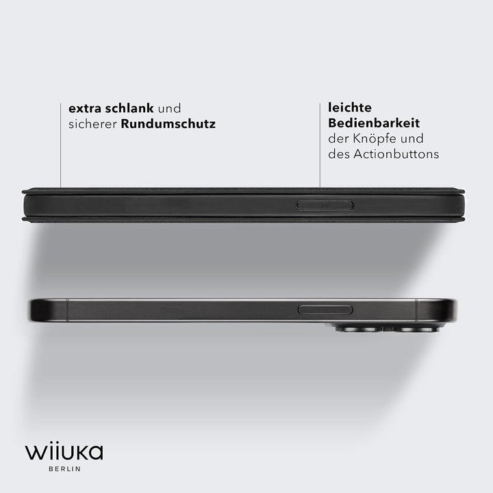 WIIUKA Hülle für iPhone 15 Pro, Leder aus Deutschland, mit Kartenfach, extra Dünn, Handyhülle mit St