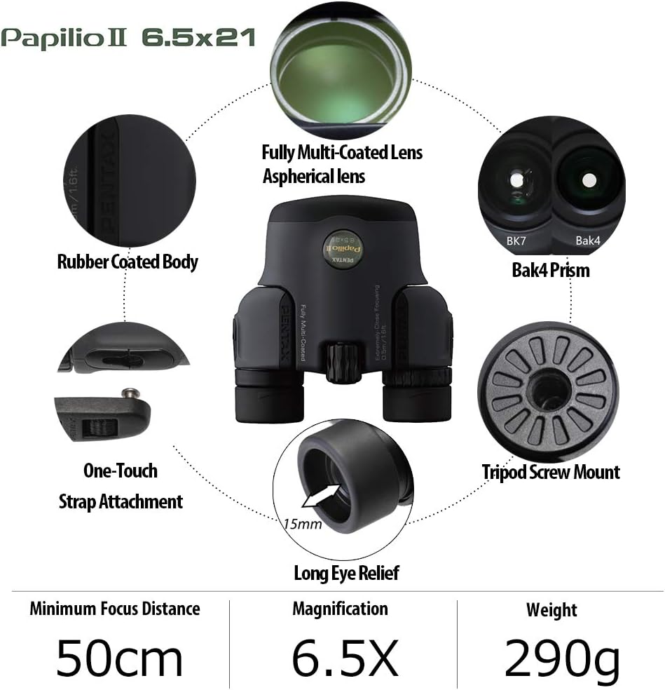 PENTAX Papilio II 6,5x21 Kompaktes Fernglas zur Vogelbeobachtung, für Reisen, Sport und Theater 50-c