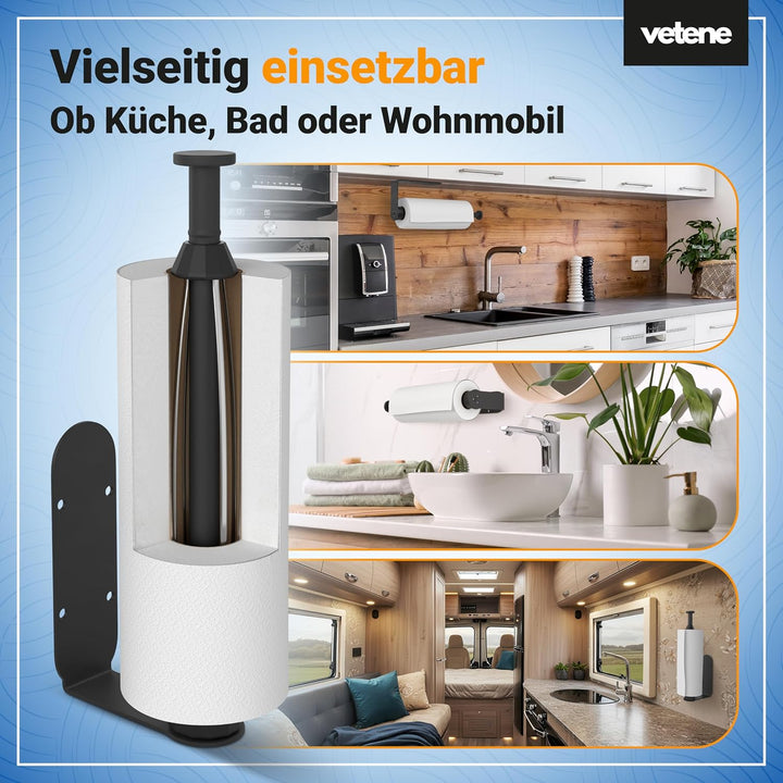 vetene® Küchenrollenhalter ohne Bohren [Einhändig Abreissen] – Edelstahl Schwarz – mit Abroll-Stop –