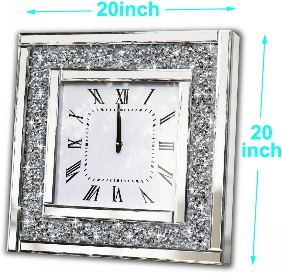 Silberne quadratische Spiegeluhr, Kristall-Glitzer, glitzernd, zerkleinerter Diamant, verspiegelt, g