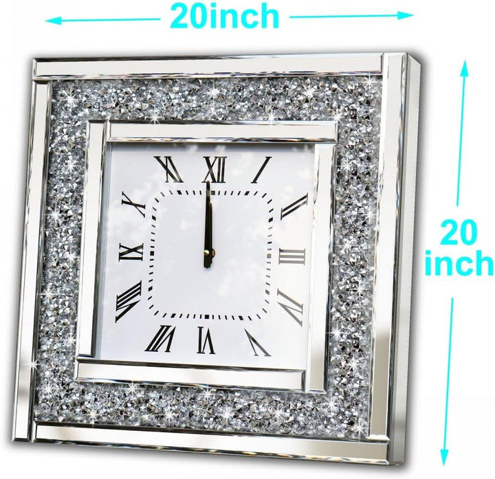 Silberne quadratische Spiegeluhr, Kristall-Glitzer, glitzernd, zerkleinerter Diamant, verspiegelt, g