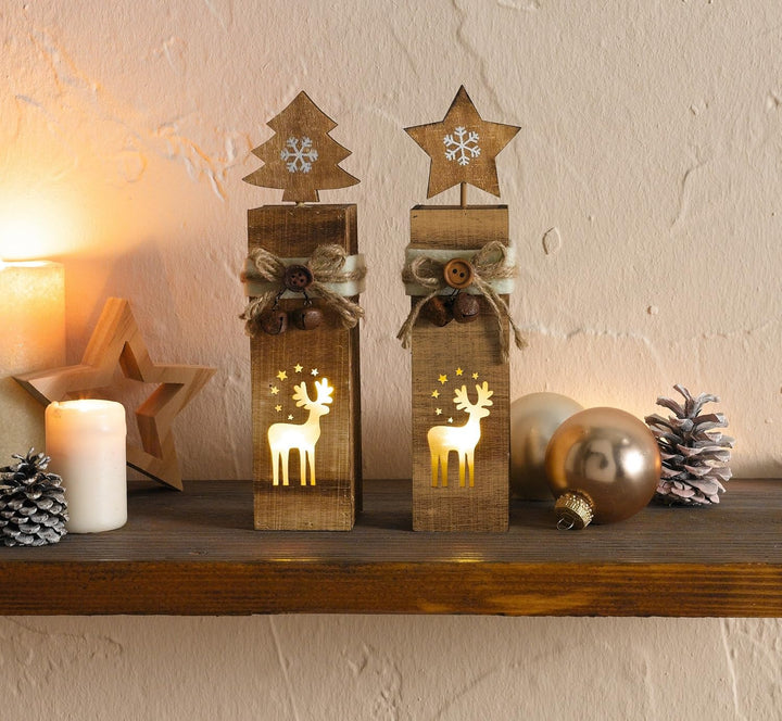 FRANK FLECHTWAREN Dekosäule, LED-Säule Rentier, im 2er Set, Weihnachten, Advent, Winter