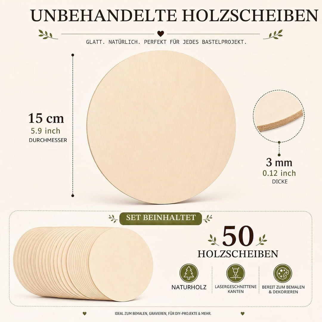 STARVAST 50 Stücke Runde Naturholzscheiben, holzscheiben 15 cm /6 Zoll durchmesser, Unvollendete Run