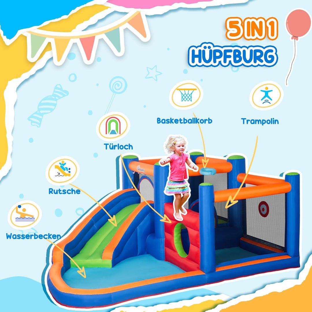 Outsunny Aufblasbare Hüpfburg Wasserpark mit Gebläse Hüpfburg mit Wasserrutsche Basketballkorb Aufbl